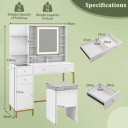 Costway Makeup Vanity Desk With Lighted Mirror Dressing Table & Stool Set - thumbnail 3