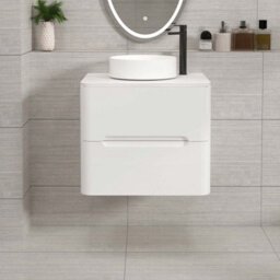 Royal Bathrooms Venice 600mm Gloss White Wall Mounted Vanity Unit 2 Drawer With Carrara White Undrilled Worktop & Without Basin - thumbnail 1