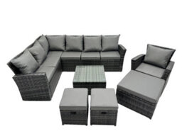 Fimous Poly Rattan Outdoor Patio Coffee Table Corner Sofa Set With 3 Stool Chair For Garden Backyard Dark Grey Mixed - thumbnail 1