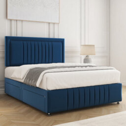 Bsspoke Lily Divan Bed Set Blue Plush Velvet 24Inch Headboard & Footboard & 2 Drawers Same Side & Mattress In All Sizes - thumbnail 3