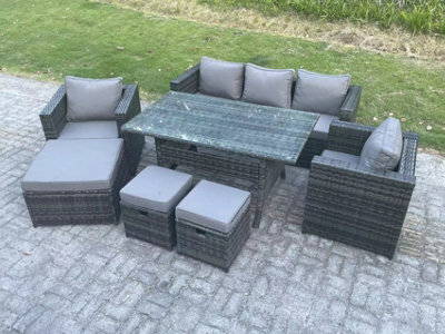 Fimous Garden Furniture Set Patio Rattan Rectangular Dining Table Lounge Sofa Chair With Big Footstool 2 Small Stools Dark Grey - image 1
