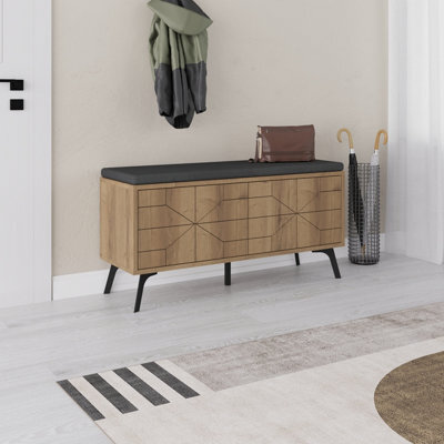 Decortie Modern Dune Shoe Storage Bench Dark Oak Effect With Fabric Seat 4 Doors Cabinet 107(W)Cm Metal Legs Organizer Hallway - image 1