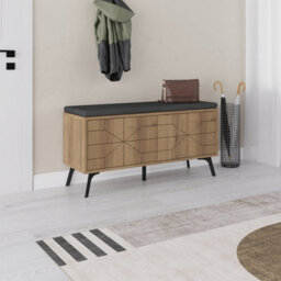 Decortie Modern Dune Shoe Storage Bench Dark Oak Effect With Fabric Seat 4 Doors Cabinet 107(W)Cm Metal Legs Organizer Hallway - thumbnail 1