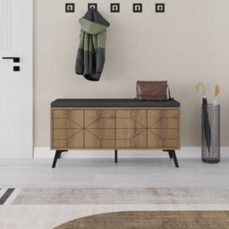 Decortie Modern Dune Shoe Storage Bench Dark Oak Effect With Fabric Seat 4 Doors Cabinet 107(W)Cm Metal Legs Organizer Hallway - thumbnail 5