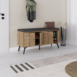 Decortie Modern Dune Shoe Storage Bench Dark Oak Effect With Fabric Seat 4 Doors Cabinet 107(W)Cm Metal Legs Organizer Hallway - thumbnail 4