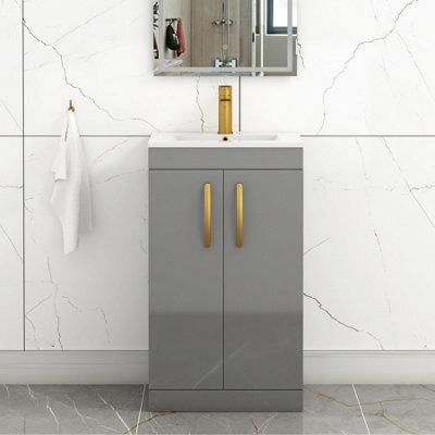 Royal Bathrooms Turin Indigo Grey Gloss 500mm Floor Standing Vanity Unit 2 Door With Minimalist Basin Sink & Brushed Brass Handles - image 1