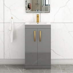 Royal Bathrooms Turin Indigo Grey Gloss 500mm Floor Standing Vanity Unit 2 Door With Minimalist Basin Sink & Brushed Brass Handles