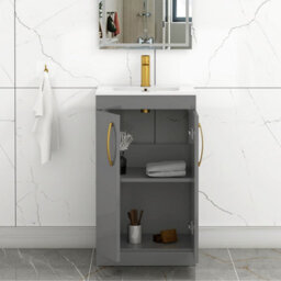 Royal Bathrooms Turin Indigo Grey Gloss 500mm Floor Standing Vanity Unit 2 Door With Minimalist Basin Sink & Brushed Brass Handles - thumbnail 5
