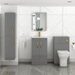 Royal Bathrooms Turin Indigo Grey Gloss 500mm Floor Standing Vanity Unit 2 Door With Minimalist Basin Sink & Brushed Brass Handles - thumbnail 2