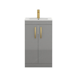 Royal Bathrooms Turin Indigo Grey Gloss 500mm Floor Standing Vanity Unit 2 Door With Minimalist Basin Sink & Brushed Brass Handles - thumbnail 6