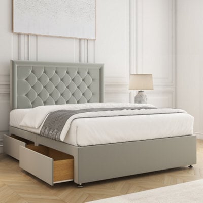 Bsspoke Nova Divan Bed Set In Silver Plush Velvet With 24Inch Headboard & 2 Drawers Footend & Mattress In 4Ft 4Ft6 5Ft 6Ft - image 1