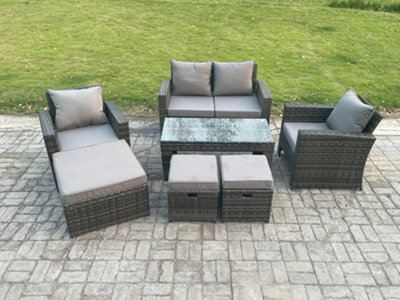 Fimous 7 Seater Outdoor Rattan Garden Furniture Set Patio Lounge Sofa Set With Coffee Table 3 Footstools For Balcony - image 1