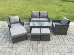 Fimous 7 Seater Outdoor Rattan Garden Furniture Set Patio Lounge Sofa Set With Coffee Table 3 Footstools For Balcony - thumbnail 1