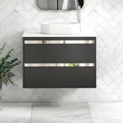 Royal Bathrooms Orion 800mm Matt Obsidian Black Wall Hung Plain White Countertop Vanity Unit 2 Drawer With Lyon Basin & Chrome Accent Trim - image 1