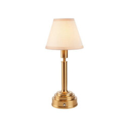 Luminosa Lighting Luminosa Upton Rechargeable Brushed Aged Brass Plate Table Lamp With Vintage White Fabric Ivy Shade 16Cm Integrated Led - thumbnail 1