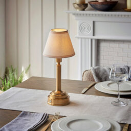 Luminosa Lighting Luminosa Upton Rechargeable Brushed Aged Brass Plate Table Lamp With Vintage White Fabric Ivy Shade 16Cm Integrated Led - thumbnail 2