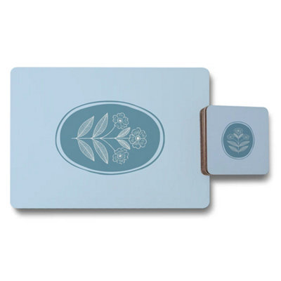 Benjamin Tate Design Placemat And Coaster Set Light Blue With Wood Bottom And Designer Botanical Artwork Exclusive Edition - image 1