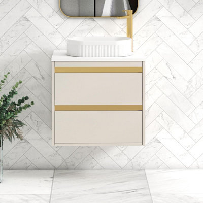 Royal Bathrooms Orion 600mm Warm Taupe Wall Hung Plain White Countertop Vanity Unit 2 Drawer With Lyon Basin & Brushed Brass Accent Trim - image 1