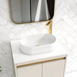 Royal Bathrooms Orion 600mm Warm Taupe Wall Hung Plain White Countertop Vanity Unit 2 Drawer With Lyon Basin & Brushed Brass Accent Trim - thumbnail 5