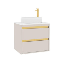 Royal Bathrooms Orion 600mm Warm Taupe Wall Hung Plain White Countertop Vanity Unit 2 Drawer With Lyon Basin & Brushed Brass Accent Trim - thumbnail 6