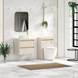 Royal Bathrooms Orion 600mm Warm Taupe Wall Hung Plain White Countertop Vanity Unit 2 Drawer With Lyon Basin & Brushed Brass Accent Trim - thumbnail 3