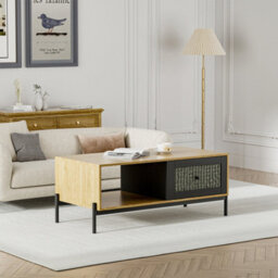 Living And Home Brown And Black Modern Rectangular Wooden Coffee Table Rattan Design Tea Table With 1 Drawer 114 Cm W X 55 Cm D - thumbnail 2