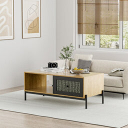 Living And Home Brown And Black Modern Rectangular Wooden Coffee Table Rattan Design Tea Table With 1 Drawer 114 Cm W X 55 Cm D