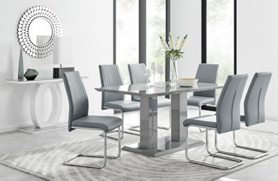 Furniturebox Imperia Grey High Gloss 6 Seater Dining Table With Structural 2 Plinth Column Legs 6 Grey Faux Leather Lorenzo Cantilever Chairs - image 1