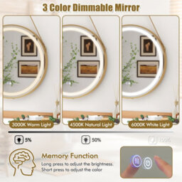 Costway Hanging Bathroom Mirror 60 Cm Round Wall Mirror W/ 3 Colors Led Light - thumbnail 7