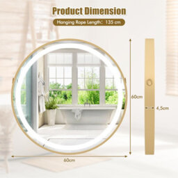 Costway Hanging Bathroom Mirror 60 Cm Round Wall Mirror W/ 3 Colors Led Light - thumbnail 2