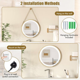 Costway Hanging Bathroom Mirror 60 Cm Round Wall Mirror W/ 3 Colors Led Light - thumbnail 8