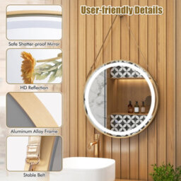 Costway Hanging Bathroom Mirror 60 Cm Round Wall Mirror W/ 3 Colors Led Light - thumbnail 9