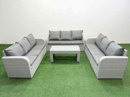 Fimous Pe Rattan Lounge Sofa Set 9 Seater Outdoor Garden Furniture Set Oblong Coffee Table 3 Seater Sofa Light Grey - thumbnail 1