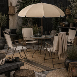 Wyld Haus Jattare 4-Seater Cream And Coffee Garden Dining Set With Parasol, Foldable Chairs And Glass Table