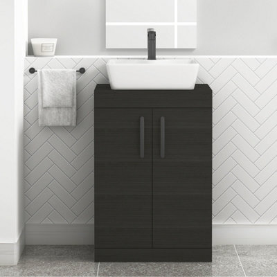 Royal Bathrooms 600mm Floor Standing Vanity Unit 2 Door Hale Black & Countertop Basin - Cube With Matt Black Handle - image 1