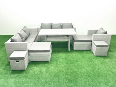 Fimous Rattan Garden Furniture Dining Set 11 Seater Lounge Sofa Chair Dining Table Set 4 Stools Side Table Light Grey - image 1