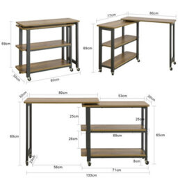 Sobuy Fwt83-Pf,industrial Coffee Table With Wheels L-Shaped Corner Desk With 2 Shelves,w132.5Xd30Xh68.5 - thumbnail 3