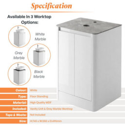 Plum&clay Mayfair Gloss White Freestanding Bathroom Vanity Unit With Grey Marble Countertop (W)550mm (H)745mm - thumbnail 5