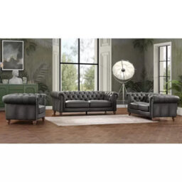 Xample Allington Grey Leather Chesterfield Sofa 2 Seater Top Grain Pocket Coil Feather Cushion Nailhead Trim Solid Wood - thumbnail 3