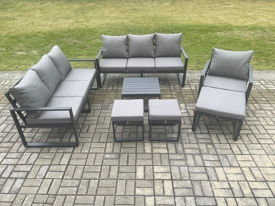 Fimous Aluminium Outdoor Lounge Sofa Set Garden Furniture Sets With Square Coffee Table Chair 3 Footstools Dark Grey - image 1