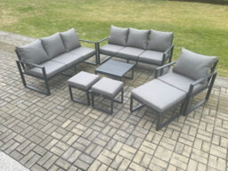 Fimous Aluminium Outdoor Lounge Sofa Set Garden Furniture Sets With Square Coffee Table Chair 3 Footstools Dark Grey - thumbnail 2