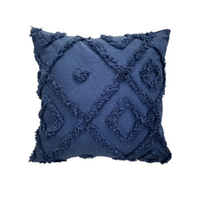 Velosso Bohemian Tufted Design Square Cushion, Soft Cotton Textured Weave, Zip Closure, Machine Washable - Navy