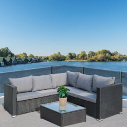Birchtree Rattan Garden Furniture Set Corner Sofa Glass Table Patio 5 Seaters Black - thumbnail 1