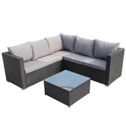 Birchtree Rattan Garden Furniture Set Corner Sofa Glass Table Patio 5 Seaters Black - thumbnail 3