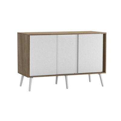 Urbn-Living Urbnliving 3-Door Sliding Cabinet Sideboard Oak Carcass With White Doors Storage Organiser Home Cupboard White Wooden Legs - image 1