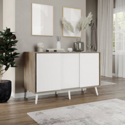 Urbn-Living Urbnliving 3-Door Sliding Cabinet Sideboard Oak Carcass With White Doors Storage Organiser Home Cupboard White Wooden Legs - thumbnail 3