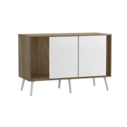 Urbn-Living Urbnliving 3-Door Sliding Cabinet Sideboard Oak Carcass With White Doors Storage Organiser Home Cupboard White Wooden Legs - thumbnail 5