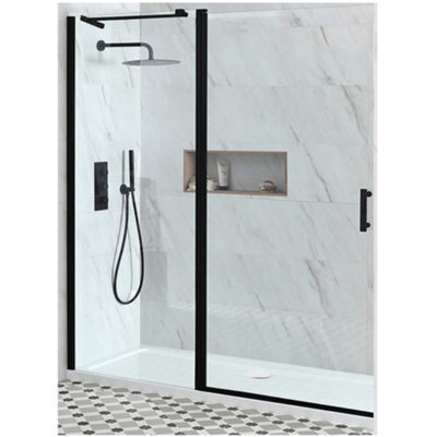 Homestylestore Black Walk In Wet Room Hinged Door Shower Enclosure And White Tray With Waste 1400 X 800mm - image 1