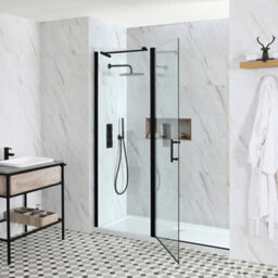 Homestylestore Black Walk In Wet Room Hinged Door Shower Enclosure And White Tray With Waste 1400 X 800mm - thumbnail 2