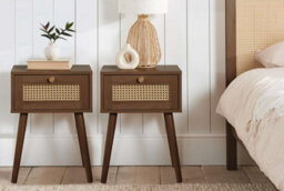 Pair Of Bedside 1 Drawer Cabinet  Rattan Croxley Side Table Walnut - thumbnail 1